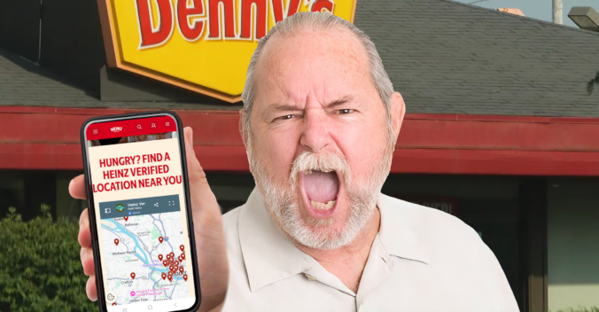 old man holding phone yelling with heinz ketchup map on screen